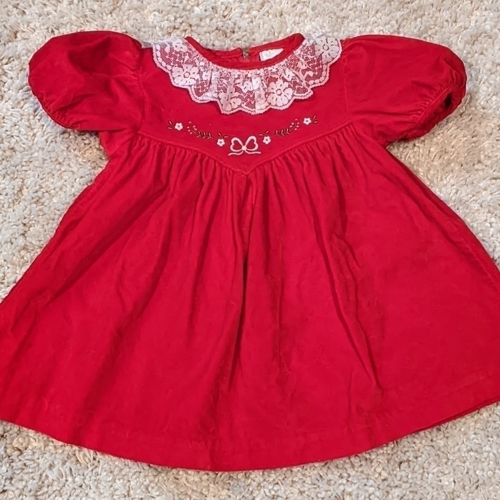 Vintage Red Velvet & White Lace Collar Embroidered Dress 24 months